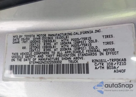 2003 Toyota Tacoma from USA, damaged, VIN 5TEPM62N03Z259302